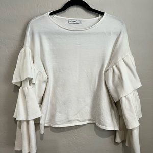 Zara Ruffle Sleeve White Lightweight Sweater in Ivory, Size Small